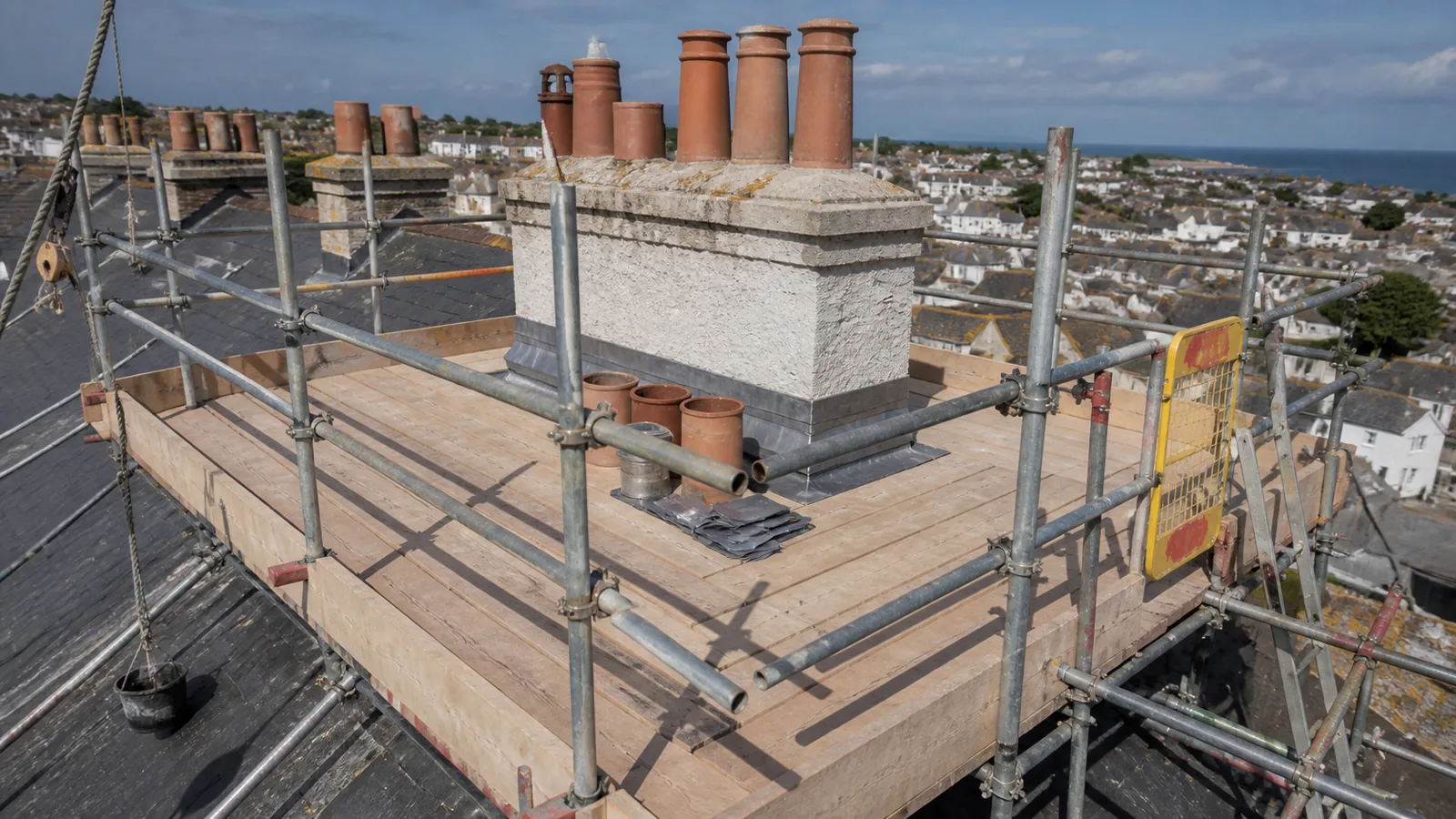 Chimney scaffold erected to a stack on a granite terrace in West Cornwall