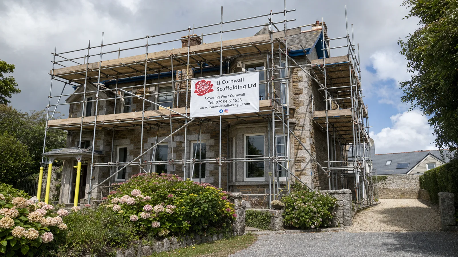 Domestic scaffolding erected for a re-roof on a Cornish house