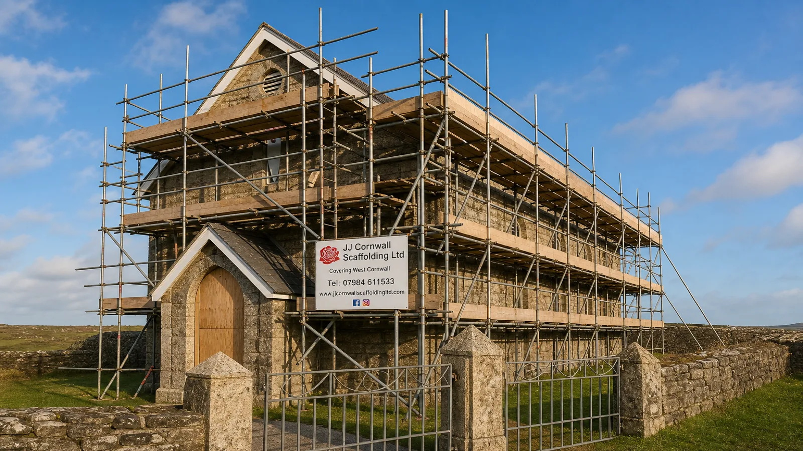 Heritage scaffolding erected to a listed granite elevation in Cornwall