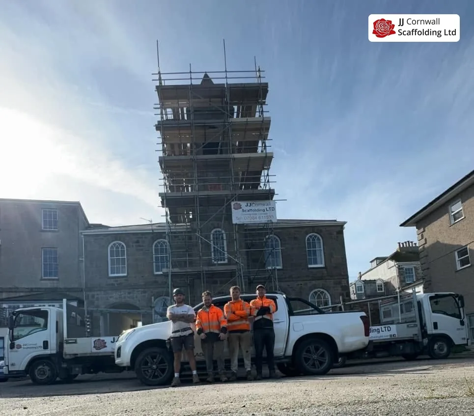 JJ Cornwall Scaffolding gang erecting scaffold in West Cornwall