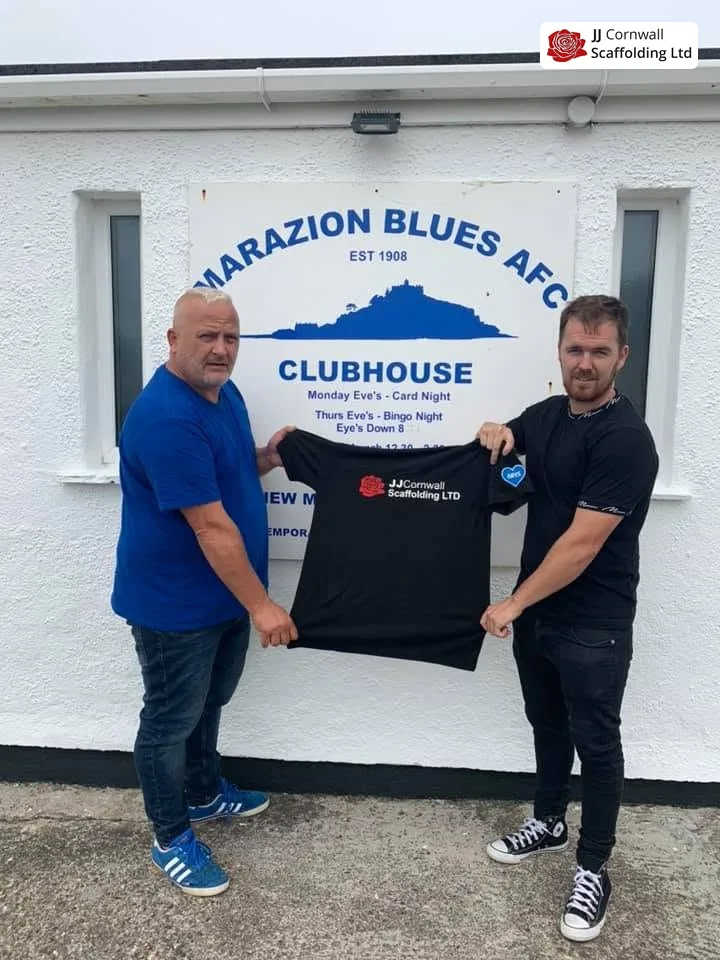 JJ Cornwall Scaffolding: JJ sponsored shirt handover at the marazion blues afc clubhouse
