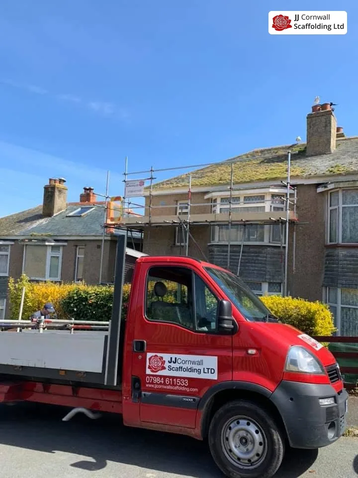 JJ Cornwall Scaffolding: red branded tipper parked at a domestic scaffold job