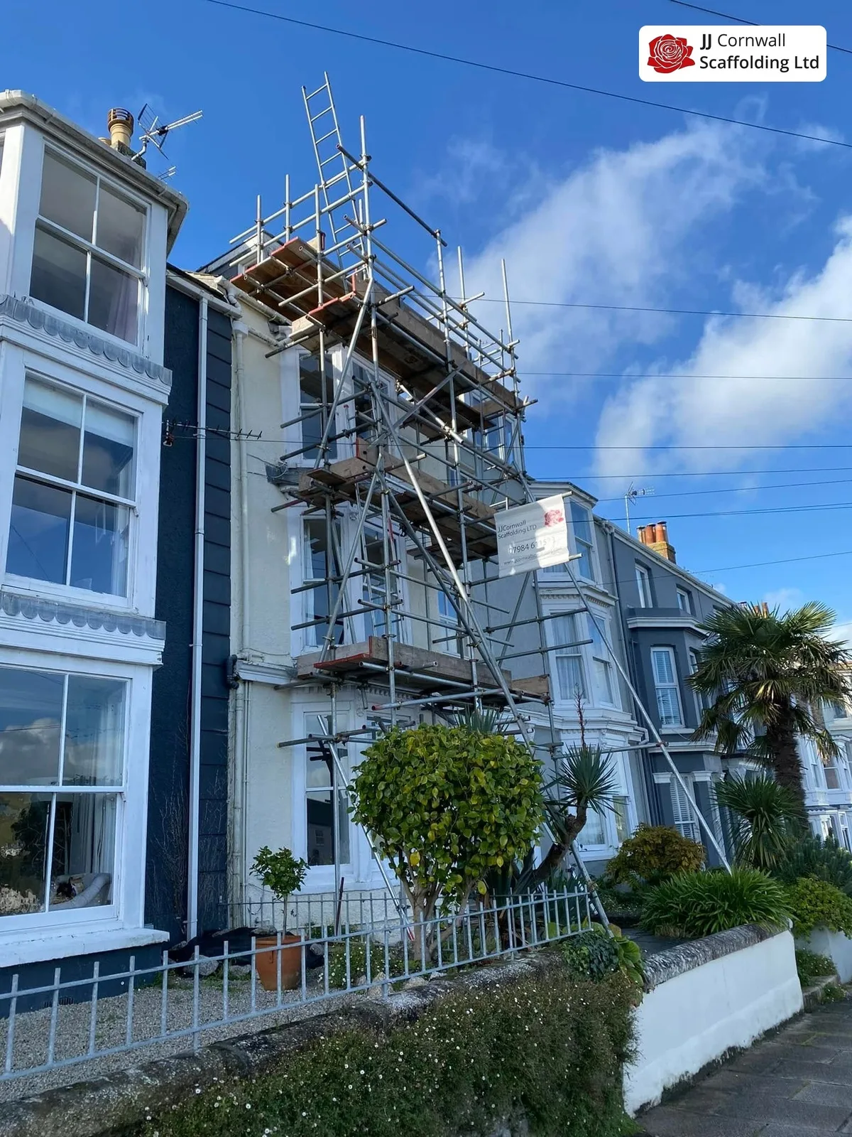Chimney scaffold on a mid-terrace roof in Camborne