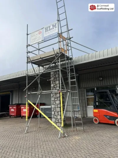 Commercial scaffolding on a harbour-side building in Hayle