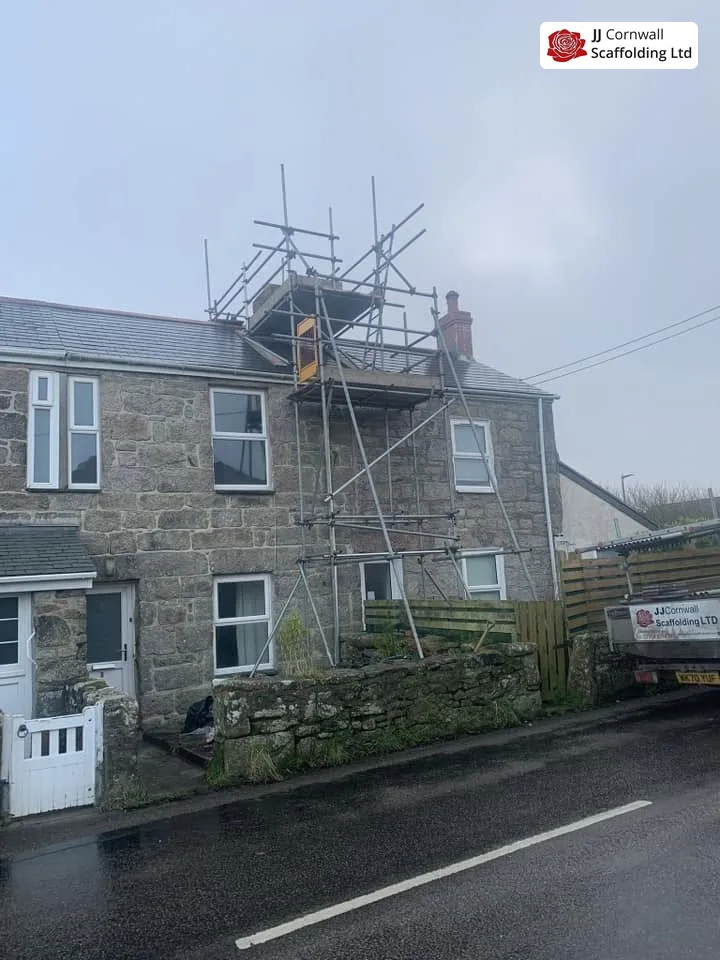 Chimney scaffold on a Newlyn terraced roof