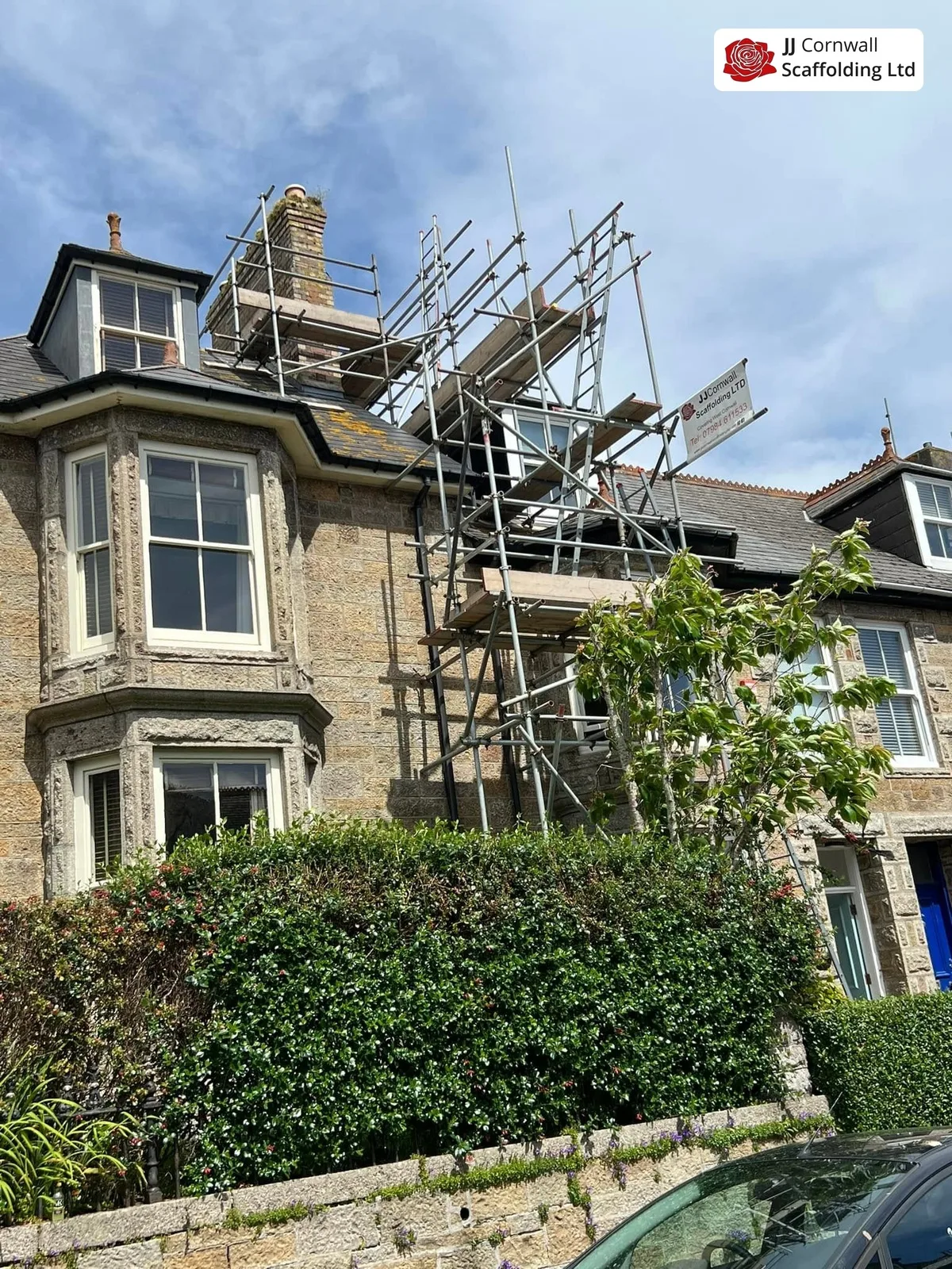 Domestic scaffolding on a Cornish house re-roof