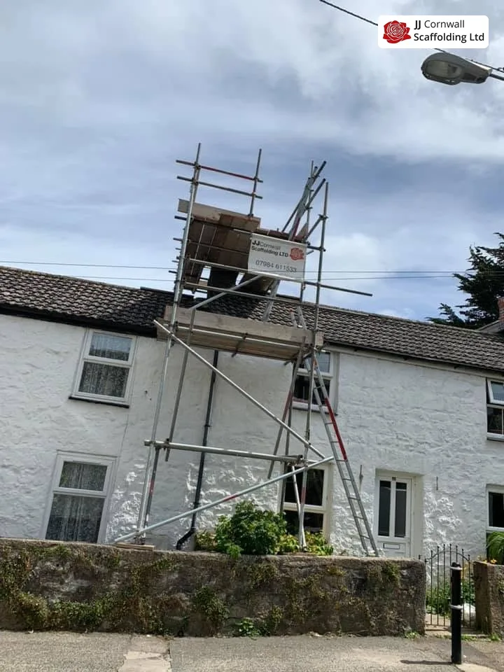 Chimney scaffold on a terraced cottage in St Agnes