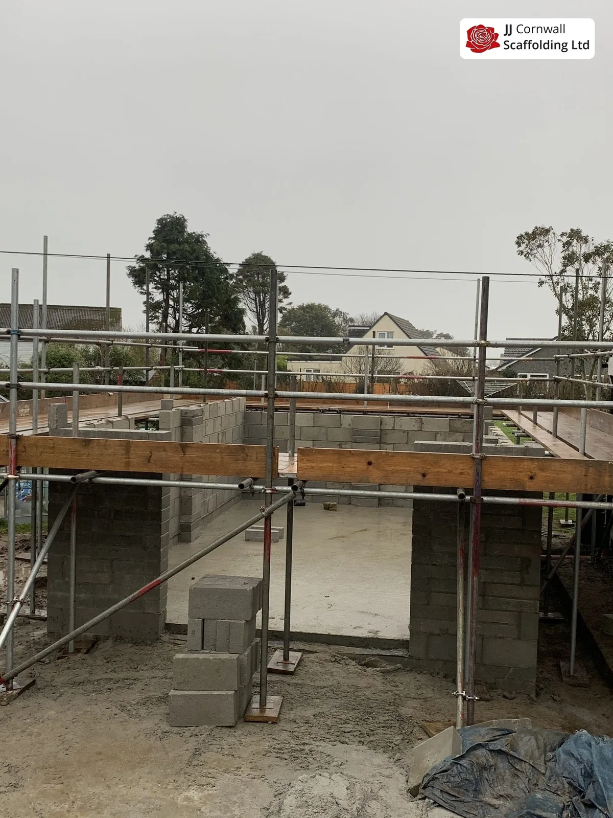 Scaffolding around a house extension in West Cornwall
