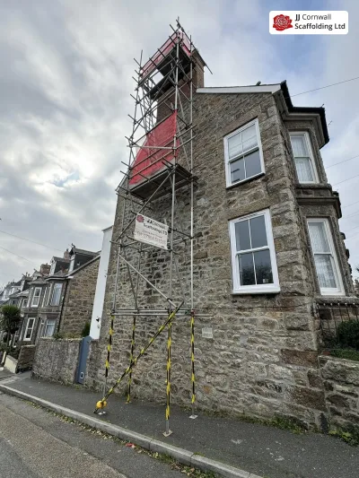Scaffold built on a steep narrow lane in Newlyn