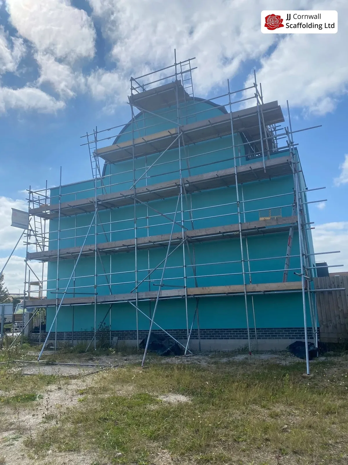 Temporary roof scaffolding covering a Cornish property