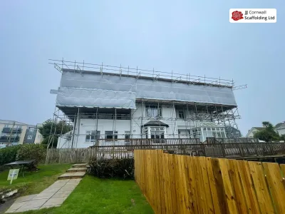 Temporary roof scaffolding on an exposed Marazion property