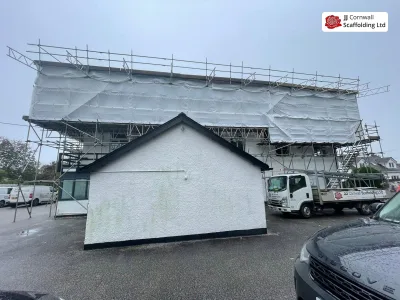Temporary roof scaffolding on an exposed roof near St Just