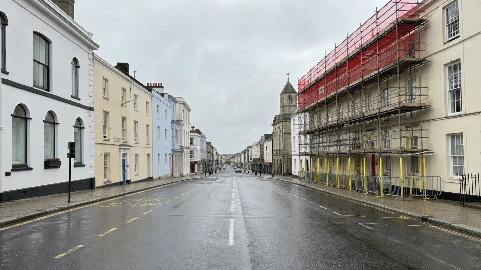 Scaffolding on a Georgian frontage in Helston town centre