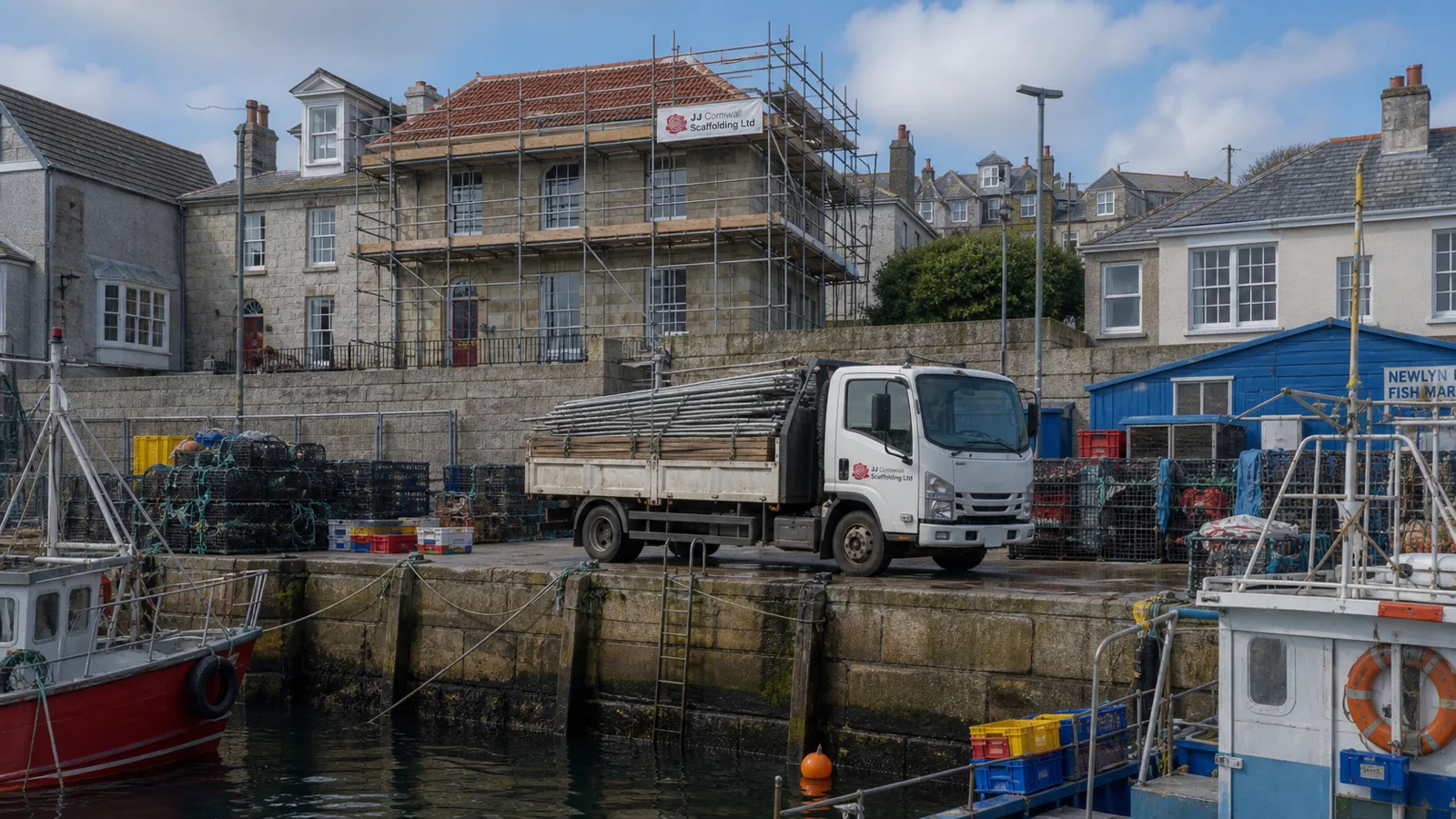Scaffolding erected on a harbour-side terrace in Newlyn