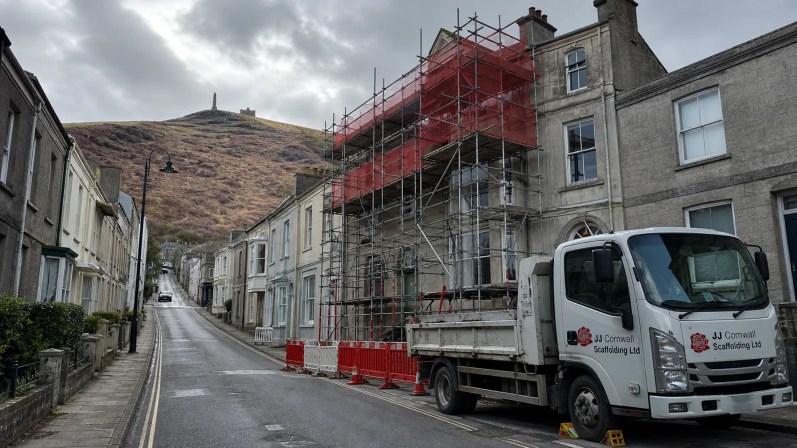 Scaffolding on a Victorian frontage in Redruth