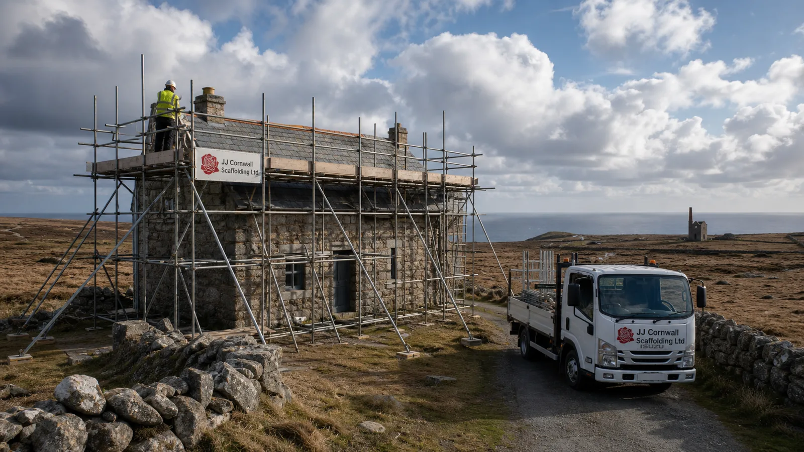 Scaffolding erected on a granite cottage in St Just