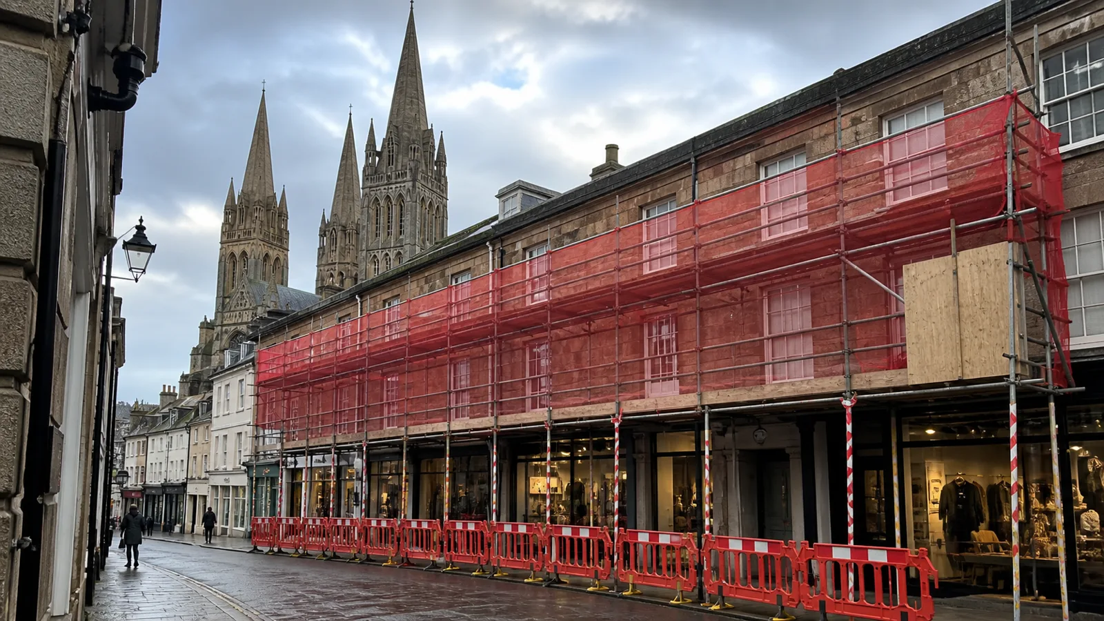 Scaffolding on a Truro city-centre frontage